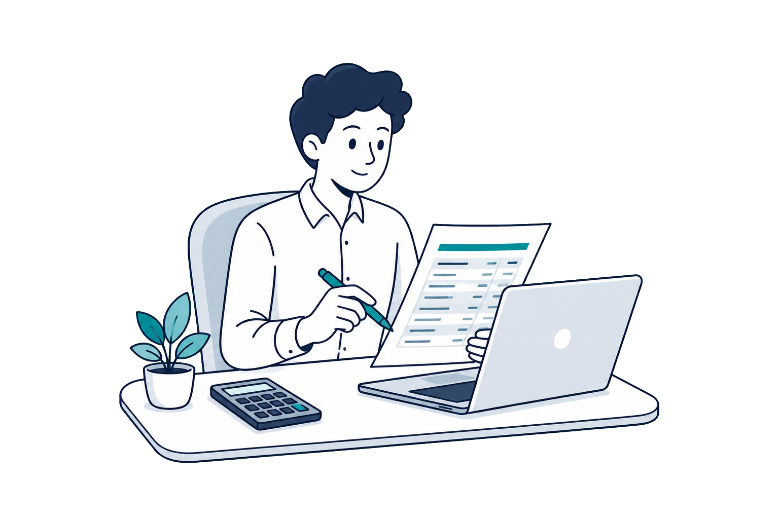 Accountant reviewing a statement beside a laptop