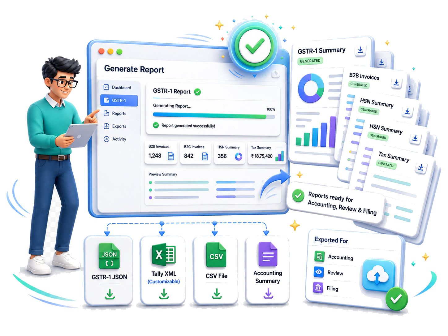 3D GSTR-1 report generation and export workflow